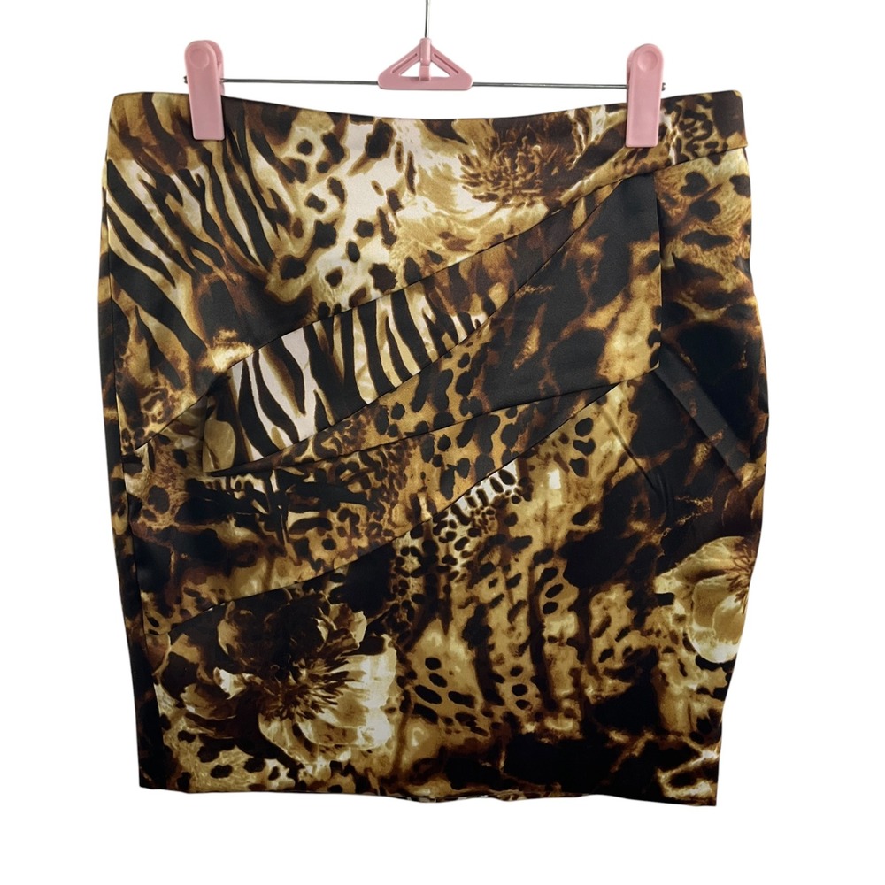 Cache Animal Print Pencil Skirt Leopard Zebra Asymmetrical Pleated Brown Tan 4